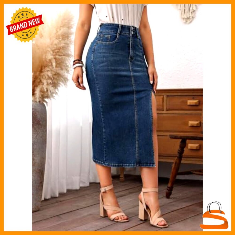 Stretch Denim Midi Skirt High Waist Side Slit Pockets Casual Wear - Picture 4 of 5